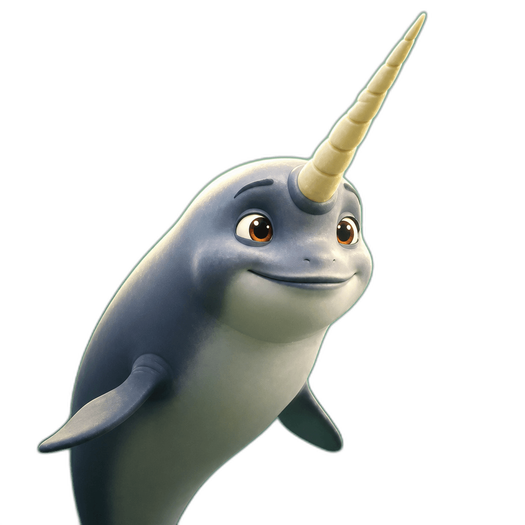 Norby the narwhal swimming with a gentle smile