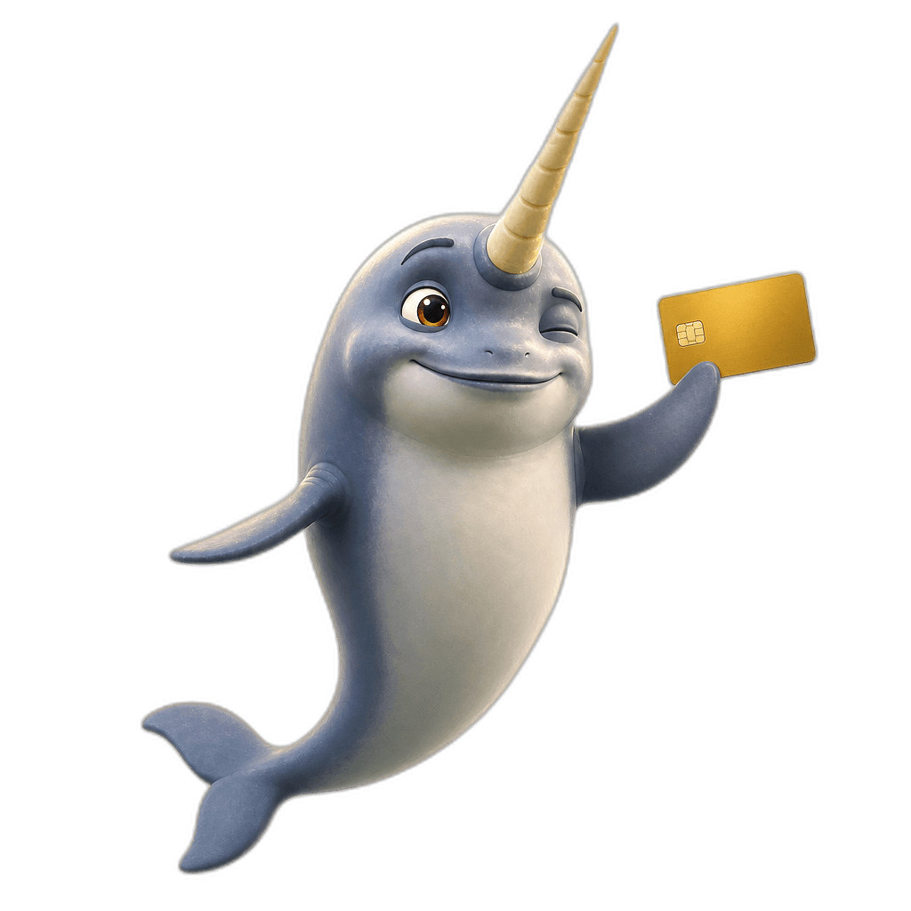 Norby the narwhal winking and holding up a gold card