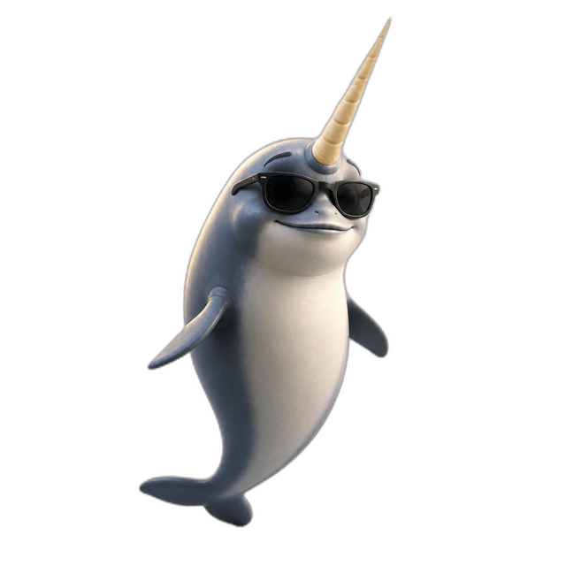 Norby the narwhal wearing black sunglasses
