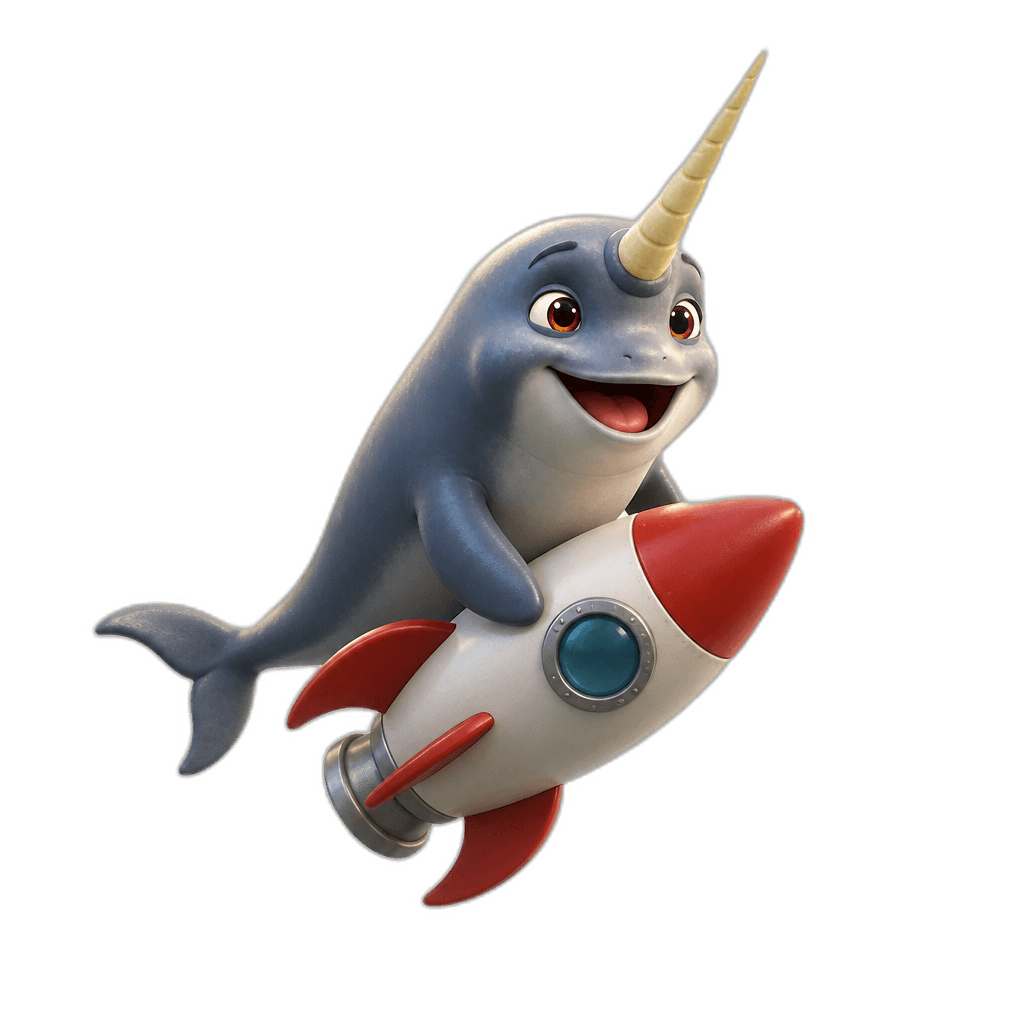 Norby the narwhal laughing while riding a rocket