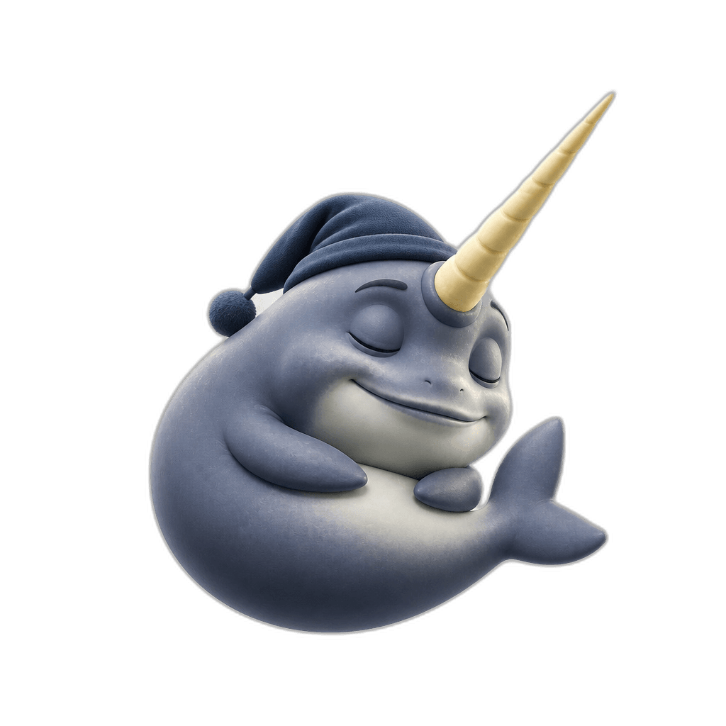 Norby the narwhal curled up asleep in a nightcap